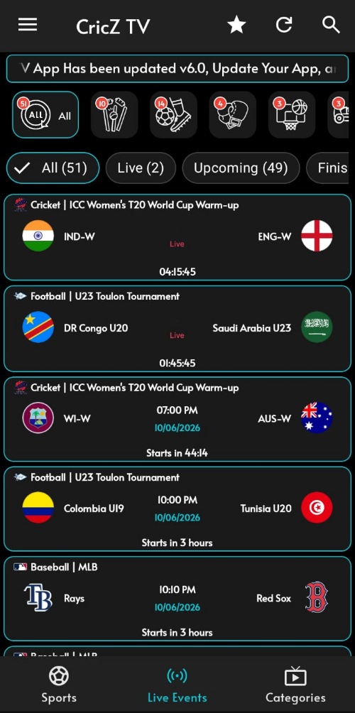 CricZ TV Home Screen